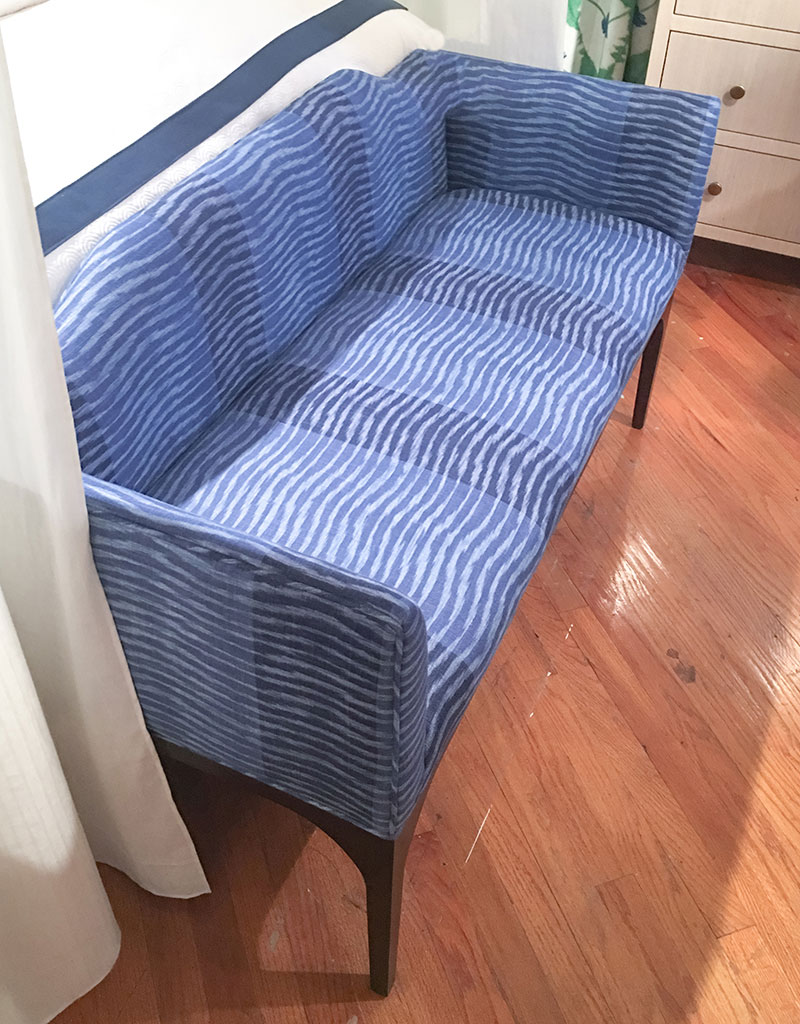 Thibaut settee in wave monochromatic dark and light blue fabric